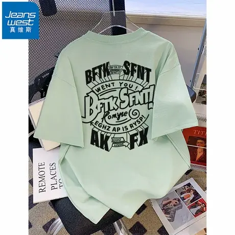 NR真维斯美式复古纯棉短袖t恤男女夏季新款字母印花潮牌宽松上衣图片