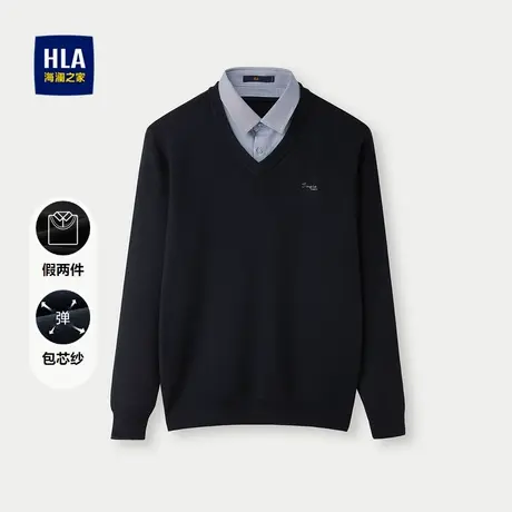 HLA/海澜之家包芯纱保暖针织衫男双领设计修身撞色印花保暖毛衣男图片
