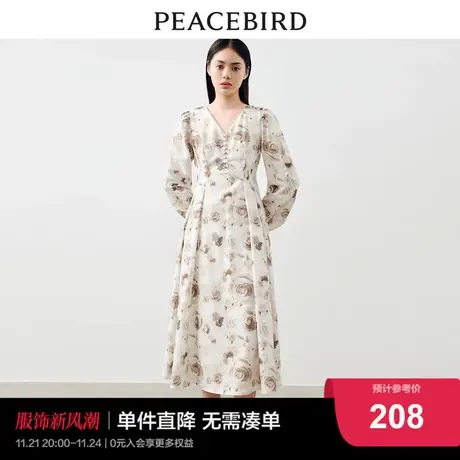 太平鸟 2024春季新款法式长款碎花连衣裙V领收腰气质裙子女士图片