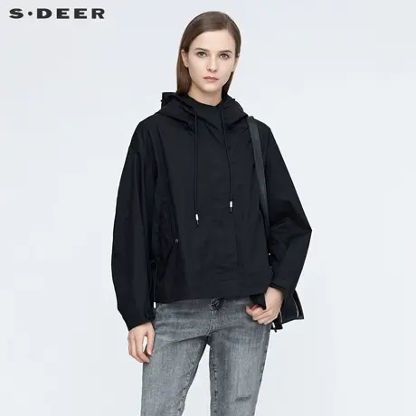 sdeer圣迪奥女装春秋装休闲连帽抽绳宽松短款外套S21182221图片