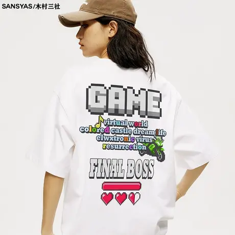 木村三社SANSYAS 复古像素游戏风美式纯棉t恤男2024新款潮流短袖商品大图