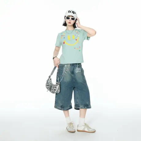 美式街头甜辣风正肩短款创意印花短袖T恤女2025夏季新款修身上衣图片