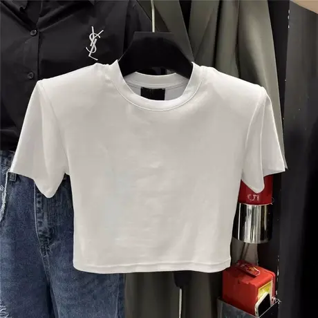 韩国东大门2024夏季新款修身显瘦垫肩圆领套头短款短袖T恤上衣女商品大图