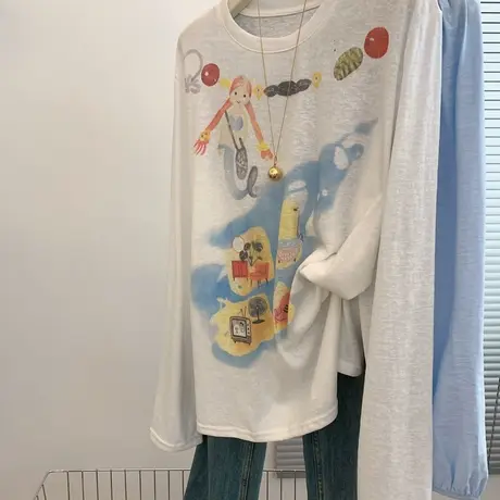 白色长袖t恤宽松显瘦正肩直筒上衣女士中长款独特超防晒罩衫体恤商品大图