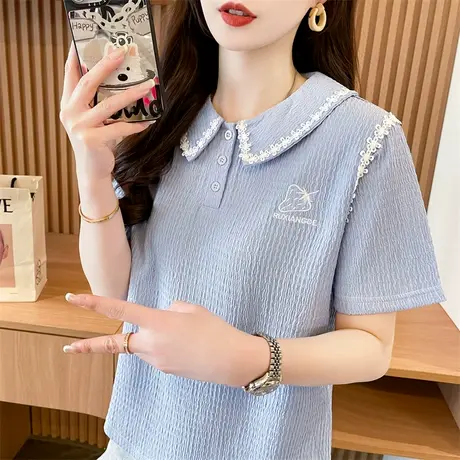 polo领蕾丝花边短袖t恤女2025新款夏季韩版宽松设计感小众上衣服图片