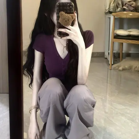 纯欲性感V领正肩短袖T恤女夏季修身韩版短款小个子正肩半袖上衣潮商品大图