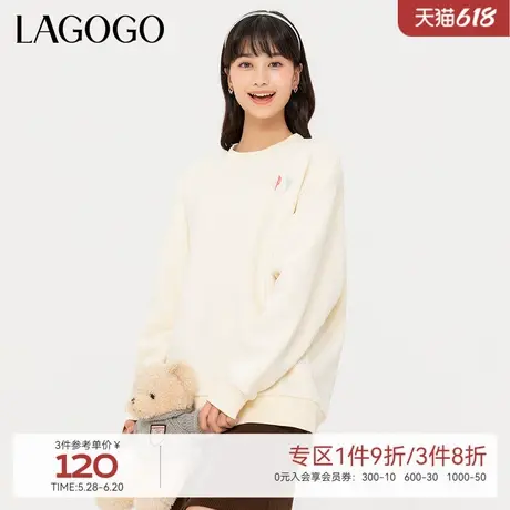 LAGOGO百搭米色可爱卫衣女拉谷谷春秋新款圆领简约宽松小个子上衣商品大图