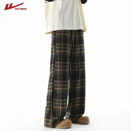 回力美式棋盘格裤子男士春秋夏季2025新款直筒运动宽松阔腿休闲裤图片