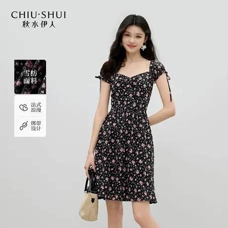 秋水伊人黑底碎花连衣裙 2025夏季新款女装复古甜美优雅A字连身裙商品大图
