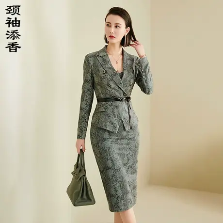 颈袖添香2024春新款女时尚收腰印花套裙修身气质职业女士连衣裙商品大图