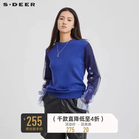 sdeer圣迪奥女装上衣圆领网纱印花拼接针织毛衣秋冬S224Z3522🔚商品大图