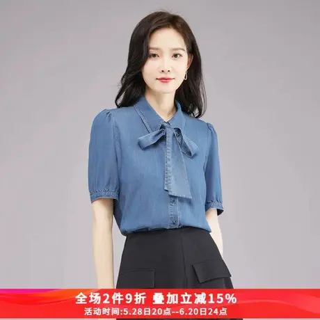 娅丽达法式复古通勤短袖牛仔衬衫女夏装2025新款蝴蝶结飘带衬衣商品大图