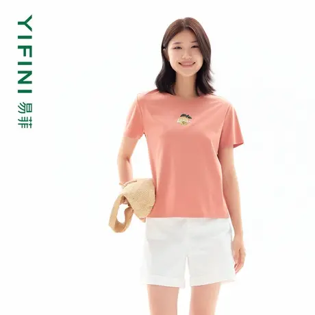 [专柜同款]Yifini/易菲百搭钉珠短款时尚针织T恤短袖通勤上衣女新商品大图