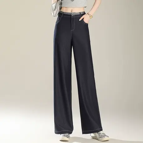 丹宁蓝窄版阔腿裤女2025夏季新款高腰显瘦垂感直筒长裤百搭休闲裤商品大图