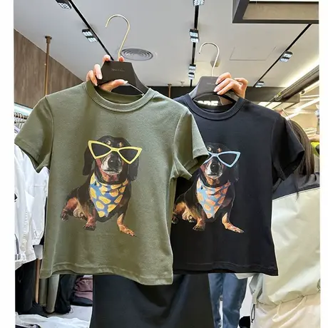 2025夏装新款修身韩版百搭短款小狗印花减龄短袖T恤女短款上衣服商品大图