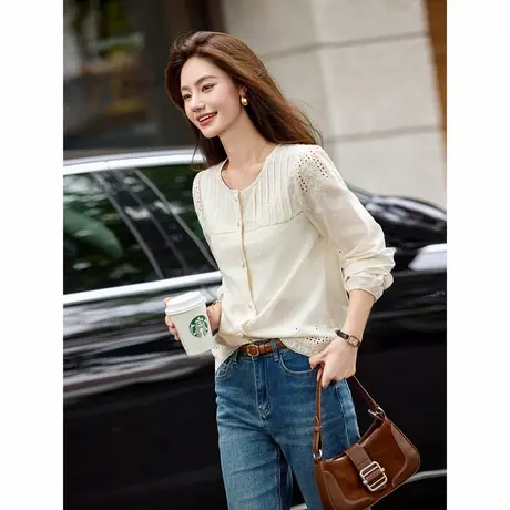 时尚气质衬衫2024年秋季新款女圆领镂空简约纯色大气百搭上衣商品大图