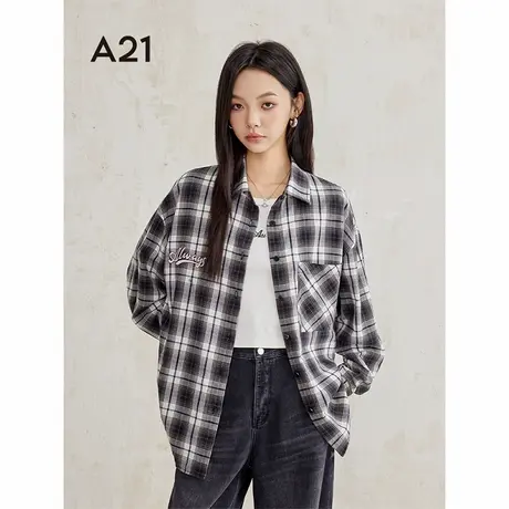 A21女装黑白格子衬衫2024秋新款设计感宽松翻领落肩长袖百搭上衣商品大图