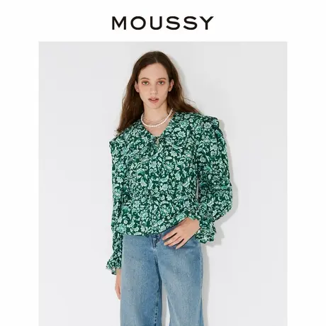 MOUSSY 夏季薄荷曼波风碎花收腰翻领飞肩袖长袖衬衫028FAS30-5商品大图