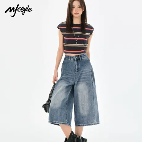 MJ STYLE高街复古浅蓝牛仔短裤女设计感高腰中裤梨形阔腿七分裤商品大图