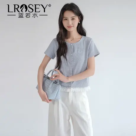 蓝若水大码女装2025夏季新品蕾丝拼接条纹小衫胖MM遮肚子减龄上衣商品大图