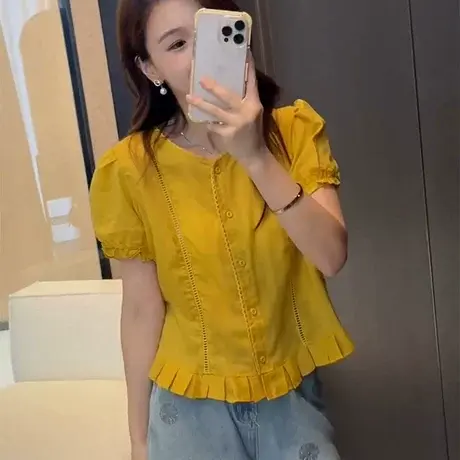 法式气质黄色泡泡袖衬衫女2025夏季新款小众设计独特漂亮别致上衣商品大图