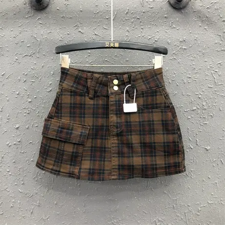 美式复古格子牛仔半身裙女春季新款小个子防走光工装a字包臀短裙商品大图