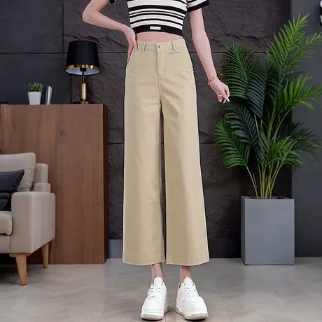 卡其色水洗棉八分直筒裤女2025夏季薄款休闲裤高腰显瘦垂感阔腿裤商品大图