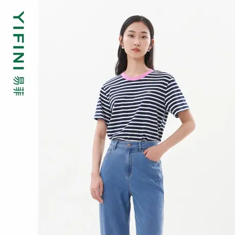 [专柜同款]Yifini/易菲宽松短款时尚短袖印花条纹T恤夏装新款图片