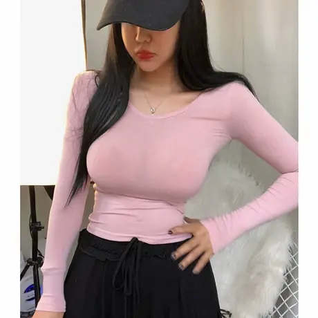 2022新款修身打底衫薄款微透性感显胸女人味上衣紧身显瘦短款T恤商品大图