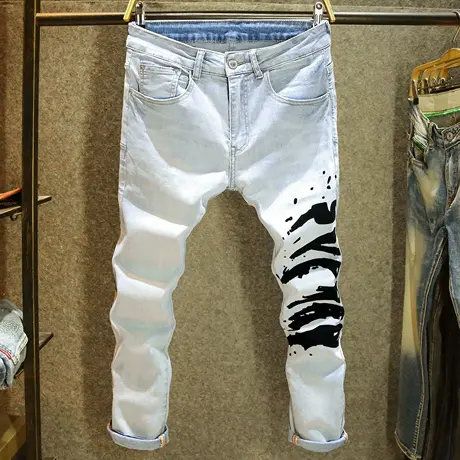 浅蓝色九分牛仔裤男弹力修身小脚裤夏薄款潮牌涂鸦街头痞帅9分裤图片