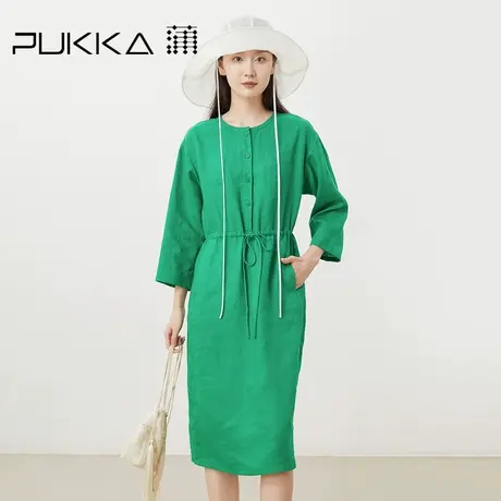 蒲PUKKA 新品原创女装纯亚麻色织圆领抽绳收腰宽松舒适连衣裙图片