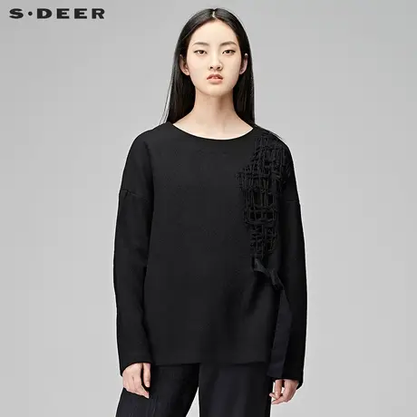 sdeer圣迪奥简约淑女风俏皮蝴蝶结镂空线迹装饰长袖T恤S17480234图片