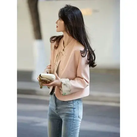 时尚气质外套2024年春季新款女半高领温柔百搭国风拼接短款上衣商品大图