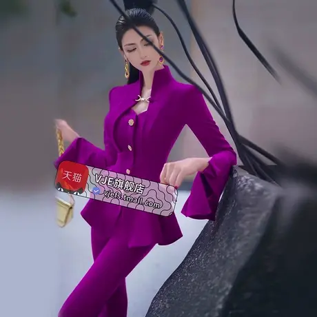 设计感造型西装垂顺喇叭裤两件套秋季女王范英伦风职业套装商品大图