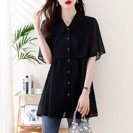 时尚黑色短袖雪纺衬衫女新款夏装气质中长款女上衣显瘦遮肉小衫图片