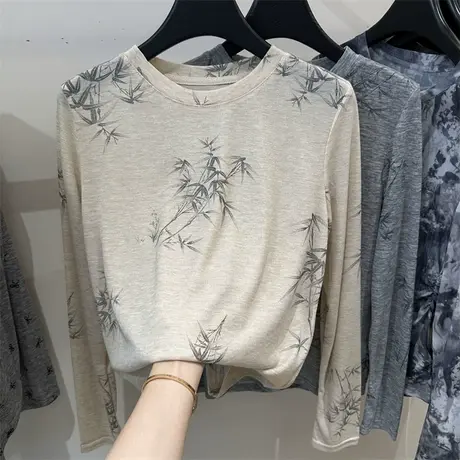 韩系竹子印花长袖T恤女薄款2024夏季新款设计感小众复古圆领上衣商品大图
