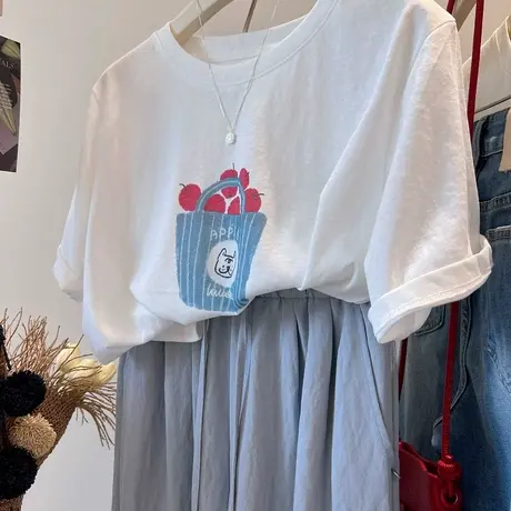 清新减龄水果花篮tee！韩系凉爽舒适雪花棉百搭基础短袖T恤女夏商品大图