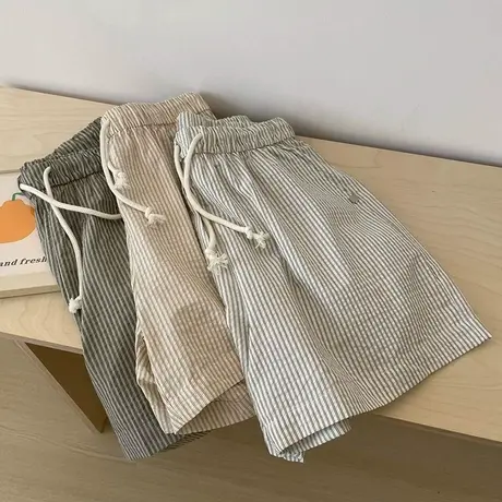条纹高腰抽绳阔腿休闲短裤女夏季韩版宽松居家外穿运动沙滩热裤潮商品大图
