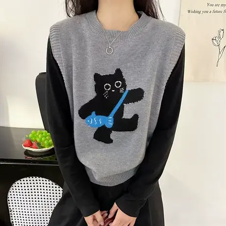 可爱减龄针织无袖毛衣2025年春季新款马甲背心提花小猫时尚百搭潮商品大图