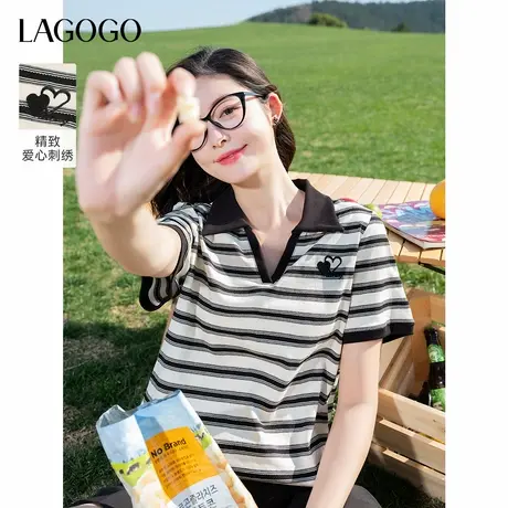 LAGOGO航海系条纹T恤女拉谷谷2025年夏季新款POLO领纯棉宽松短袖商品大图