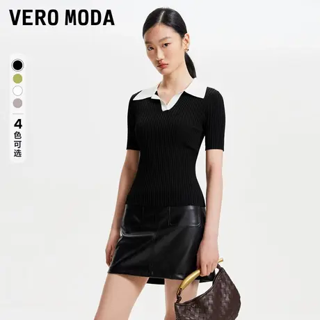 Vero Moda奥莱针织短袖女春秋新款撞色V领气质坑条修身上衣毛衣图片