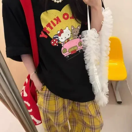韩国东大门夏季款时尚垫肩卡通KT猫咪前后印花宽松慵懒短袖T恤女商品大图