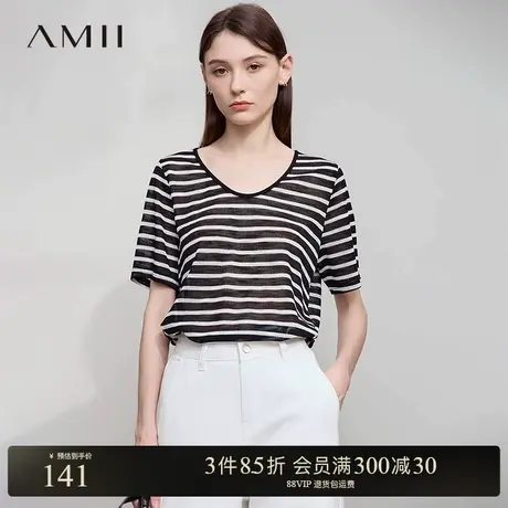 Amii【莱赛尔针织T恤】25夏韩版简约休闲后背蕾丝拼接针织条纹T恤商品大图