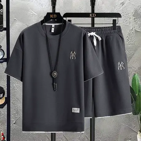 华夫格短裤套装男士夏季薄款冰感短袖男装运动潮牌宽松休闲五分裤图片