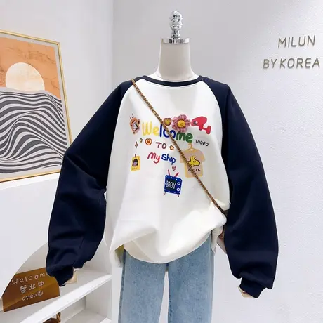 ins童趣日系宽松古着感上衣女韩代款加绒厚卫衣学院风非正式大码商品大图