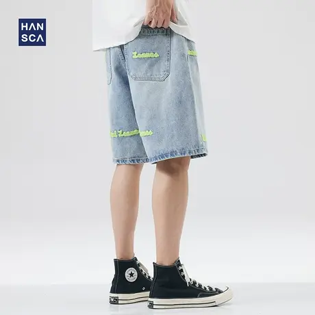 hansca 5分牛仔短裤男潮牌夏季新款宽松刺绣美式高街直筒阔腿中裤商品大图