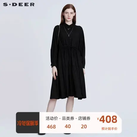 sdeer圣迪奥女装休闲翻领收腰抽褶拼接衬衫连衣裙S22161206😞商品大图