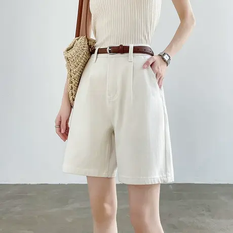 象牙白牛仔短裤女夏季薄款高腰显瘦宽松a字阔腿直筒四面弹五分裤商品大图