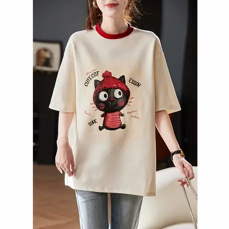 宝诗黎圆领字母印花短袖T恤2025春季韩版宽松百搭棉质休闲上衣女商品大图