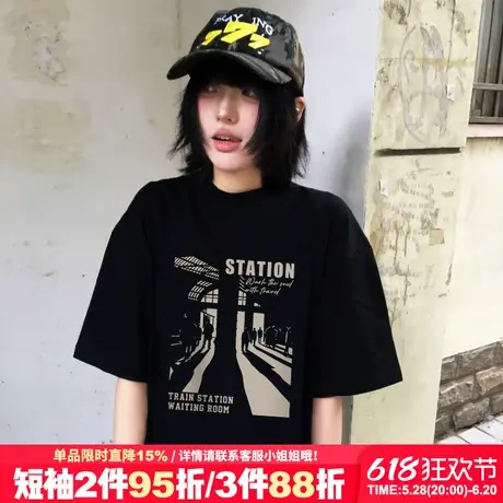 vintage美式复古风剪影印花黑色短袖t恤女街头潮牌宽松重磅上衣夏商品大图